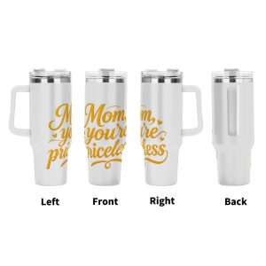 Four views (left, front, right, back) of the tumbler, showing the full wrap-around "Mom, you're priceless" design with heart accents.