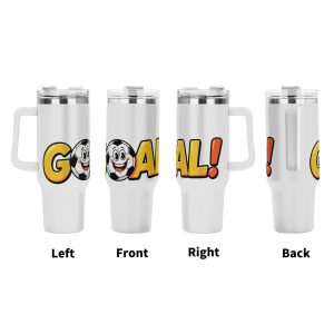 Four‑side view of 40oz handle tumbler, cute smiling soccer ball cartoon "GOAL!" print wrapping around cup, white insulated travel mug front‑left‑right‑back display