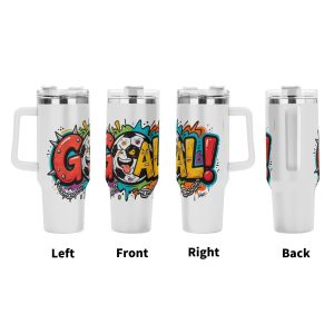 Four‑side view of 40oz handle tumbler, full‑wrap edgy punk‑graffiti "GOAL!" soccer ball cartoon print, white insulated travel mug front‑left‑right‑back display