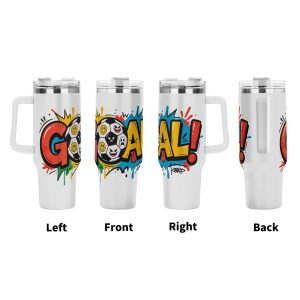 Four‑side view of 40oz handle tumbler, full‑wrap colorful pop‑graffiti "GOAL!" soccer ball with mixed emoji faces print, white insulated travel mug front‑left‑right‑back display