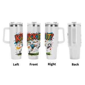 Four‑side view of 40oz handle tumbler, full‑wrap colorful pop‑comic "KICK IT!" kicking soccer player with paint‑splatter graphic print, white insulated travel mug front‑left‑right‑back display
