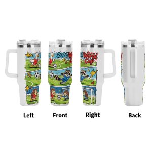 Four‑side view of 40oz handle tumbler, full‑wrap comic panel print of duck, raccoon and hedgehog playing soccer for 2026 World Cup, white insulated travel mug front‑left‑right‑back display