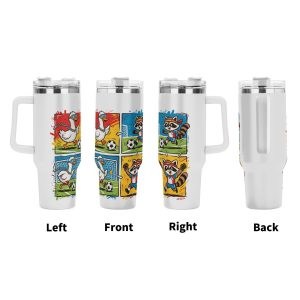 Four‑side view of 40oz handle tumbler, full‑wrap punk‑comic panel print of duck and raccoon playing soccer, spiky chain street‑art details, white insulated travel mug front‑left‑right‑back display