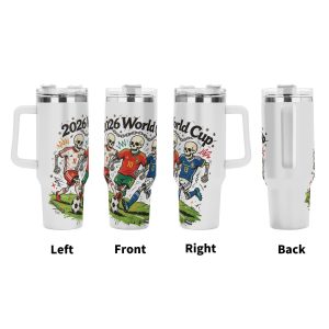 Four‑side view of 40oz handle tumbler, full‑wrap punk‑street‑art print of skeleton soccer players in national jerseys for 2026 World Cup, chain‑rivet accents, white insulated travel mug front‑left‑right‑back display