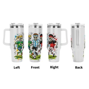 Four‑side view of 40oz handle tumbler, full‑wrap street‑art splatter print of punk skeleton soccer players in Brazil, Argentina and Germany jerseys, white insulated travel mug front‑left‑right‑back display