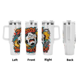 Four‑side view of 40oz handle tumbler, full‑wrap punk‑street‑art print of angry cartoon soccer ball kicking design with spiked‑chain accents for 2026 World Cup, white insulated travel mug front‑left‑right‑back display