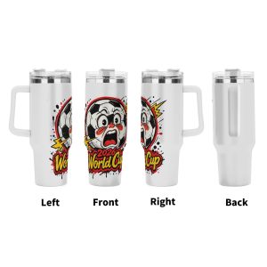 Four‑side view of 40oz handle tumbler, full‑wrap pop‑comic print of screaming anthropomorphic soccer ball with lightning‑bolt & splatter details for 2026 World Cup, white insulated travel mug front‑left‑right‑back display