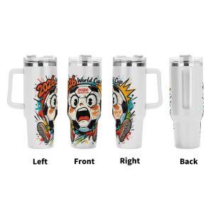 Four‑side view of 40oz handle tumbler, full‑wrap vibrant pop‑comic print of kicking anthropomorphic soccer ball with multi‑color paint splatters for 2026 World Cup, white insulated travel mug front‑left‑right‑back display