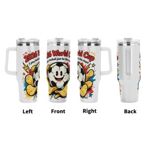 Four‑side view of 40oz handle tumbler, full‑wrap playful pop‑comic print of smiling soccer ball with tortilla chips, funny quote “I play football just for the chips!” for 2026 World Cup, white insulated travel mug front‑left‑right‑back display