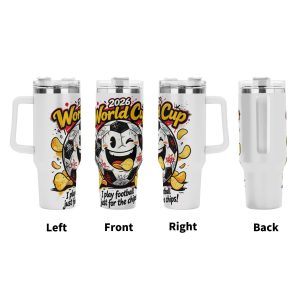 Four‑side view of 40oz handle tumbler, full‑wrap punk‑graffiti pop‑comic print of winking soccer ball eating tortilla chips, funny quote “I play football just for the chips!” for 2026 World Cup, white insulated travel mug front‑left‑right‑back display