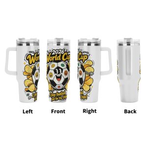 Four‑side view of 40oz handle tumbler, full‑wrap punk‑comic print of multi‑emoji‑face soccer ball surrounded by tortilla chips, spiky‑chain accents and funny quote “I play football just for the chips!” for 2026 World Cup, white insulated travel mug front‑left‑right‑back display