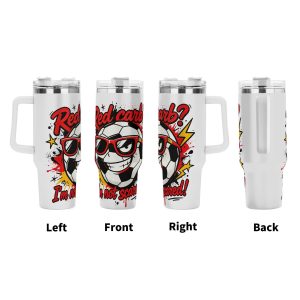 Four‑side view of 40oz handle tumbler, full‑wrap pop‑comic print of cocky sunglasses‑wearing soccer ball with lightning‑star accents, funny quote “Red card? I'm not scared!” for 2026 World Cup, white insulated travel mug front‑left‑right‑back display
