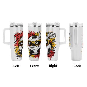 Four‑side view of 40oz handle tumbler, full‑wrap punk‑comic print of cocky yellow‑sunglasses soccer ball with spiky‑chain & bolt accents, speech‑bubble quote “Red card? I'm not scared!” for 2026 World Cup, white insulated travel mug front‑left‑right‑back display