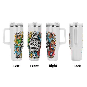 Four‑side view of 40oz handle tumbler, full‑wrap colorful pop‑comic print of cheering Brazil & Argentina national team soccer players, bold "Eat, Sleep, Soccer, Repeat" quote, trophy‑star splash‑art accents, white insulated travel mug front‑left‑right‑back display