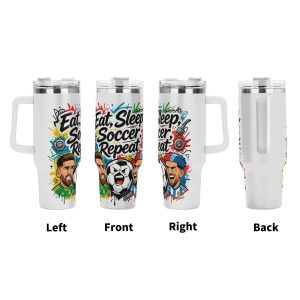 Four‑side view of 40oz handle tumbler, full‑wrap punk‑graffiti pop‑comic print of Mexico & Argentina cartoon footballers, angry anthropomorphic soccer ball, mechanical‑gear accents and bold "Eat, Sleep, Soccer, Repeat" quote for 2026 World Cup, white insulated travel mug front‑left‑right‑back display