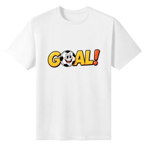 White men’s cotton short‑sleeve t‑shirt, front graphic of playful cartoon "GOAL!" lettering with cheerful anthropomorphic soccer ball mascot, casual football fan tee flat lay
