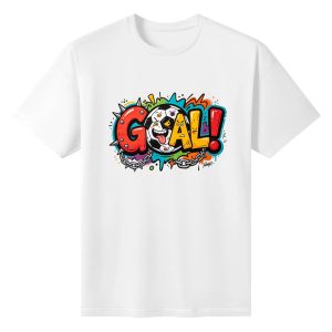 White unisex cotton short‑sleeve t‑shirt, front vibrant punk‑pop‑cartoon "GOAL!" graphic with wild grinning soccer‑ball mascot, spiked‑chain details and multi‑color paint‑splatter background, edgy football‑themed fan tee flat lay