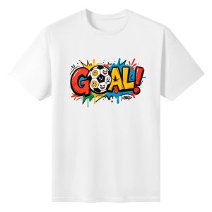 White unisex cotton short‑sleeve t‑shirt, front playful pop‑cartoon "GOAL!" graphic featuring multi‑emoji‑face soccer‑ball mascot, bright multi‑color paint‑splatter background, lively football‑themed fan tee flat lay