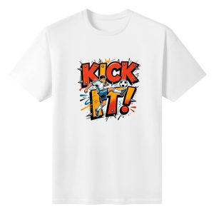 White unisex cotton short‑sleeve t‑shirt, front vibrant spiked‑pop‑art "KICK IT!" graphic featuring dynamic kicking soccer‑player mascot, rugged spiked‑letter hardware and multi‑color paint‑splatter background, energetic football‑themed fan tee flat lay