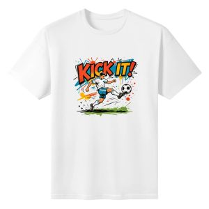 White unisex cotton short‑sleeve t‑shirt, front lively pop‑comic "KICK IT!" graphic featuring action‑pose kicking soccer‑player mascot, bright multi‑color splash‑art background, upbeat football‑themed fan tee flat lay