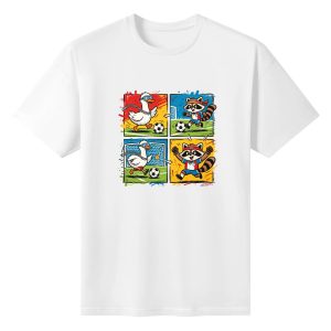 White unisex cotton short‑sleeve t‑shirt, front vibrant 2×2 panel cartoon print featuring cool chain‑wearing duck and headband‑sporting raccoon playing soccer, bright color‑blocked splash‑art backgrounds, quirky kid‑friendly football‑themed fan tee flat lay