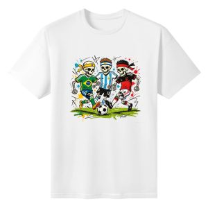White unisex cotton short‑sleeve t‑shirt, front vibrant punk‑pop‑art print featuring three cartoon skeleton soccer players in Brazil, Argentina and Germany national jerseys competing on grass pitch, bright multi‑color splash‑art details, eye‑catching goth‑football fan tee flat lay