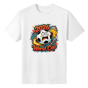 White unisex cotton short‑sleeve t‑shirt, front vibrant punk‑street‑art print celebrating the 2026 World Cup, featuring an angry fiery‑faced soccer‑ball mascot, rugged spiked‑chain hardware, dynamic flame‑splatter details and bold “2026 World Cup” typography, energetic football‑themed fan tee flat lay