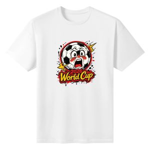 White unisex cotton short‑sleeve t‑shirt, front vibrant pop‑comic print celebrating the 2026 World Cup, featuring a wide‑eyed screaming cartoon soccer‑ball character, bright lightning‑bolt details, red‑black splash‑art borders and bold “2026 World Cup” typography, upbeat football‑themed fan tee flat lay