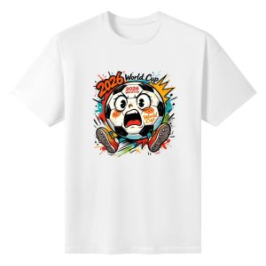 White unisex cotton short‑sleeve t‑shirt, front lively pop‑street‑art print celebrating the 2026 World Cup, featuring an angry shouting cartoon soccer‑ball character wearing soccer boots, multi‑color burst‑style splatter details and stacked “2026 World Cup” typography, upbeat football‑themed fan tee flat lay