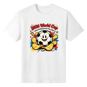 White unisex cotton short‑sleeve t‑shirt, front playful retro‑pop print celebrating the 2026 World Cup, featuring a happy grinning anthropomorphic soccer‑ball mascot nestled in crispy potato chips, funny fan‑culture slogan, bright multi‑color star‑lightning splatter details and bold “2026 World Cup” lettering, lighthearted football‑themed fan tee flat lay