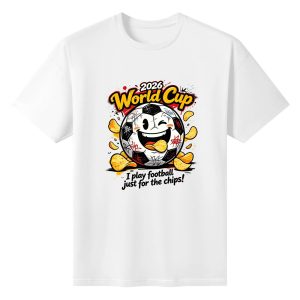 White unisex cotton short‑sleeve t‑shirt, front vibrant street‑pop print celebrating the 2026 World Cup, featuring a mischievous winking soccer‑ball character munching a potato chip, scattered chip accents, funny snack‑themed quote, bold “2026 World Cup” lettering and grunge splatter details, lighthearted football‑fan‑culture tee flat lay