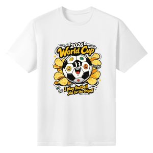 White unisex cotton short‑sleeve t‑shirt, front vibrant punk‑pop‑cartoon print celebrating the 2026 World Cup, featuring a grinning multi‑emoji soccer‑ball character nestled in crispy potato chips, rugged spiked‑chain hardware, witty snack‑themed quote, and bold “2026 World Cup” lettering, upbeat fan‑culture football tee flat lay