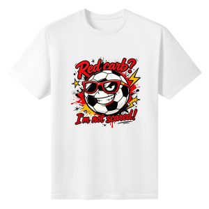 White unisex cotton short‑sleeve t‑shirt, front vibrant pop‑comic print celebrating the 2026 World Cup, featuring a smug anthropomorphic soccer‑ball character wearing cool red sunglasses, cheeky anti‑red‑card slogan, bold red‑yellow‑black lightning‑star splatter details and graffiti‑style lettering, sassy football‑fan‑culture tee flat lay