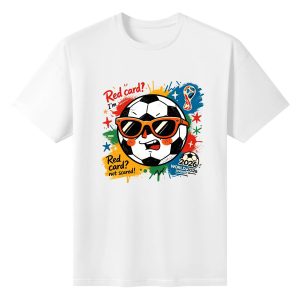White unisex cotton short‑sleeve t‑shirt, front lively pop‑comic print celebrating the 2026 World Cup, featuring a cool sunglass‑wearing soccer‑ball character, witty anti‑red‑card match‑day quote, official FIFA World Cup emblem, bright multi‑color paint‑splatter star details and stacked “2026 World Cup” lettering, upbeat football‑themed fan tee flat lay