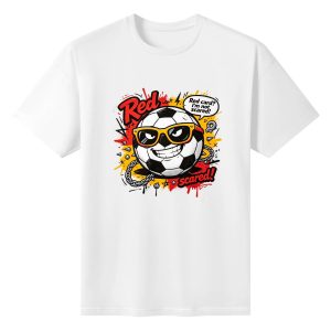 White unisex cotton short‑sleeve t‑shirt, front vibrant punk‑graffiti print celebrating the 2026 World Cup, featuring a smug anthropomorphic soccer‑ball character wearing cool gold sunglasses, rugged spiked‑chain street‑art details, witty anti‑red‑card quote in speech bubble, and bold red‑yellow splatter‑style lettering, sassy football‑fan‑culture tee flat lay
