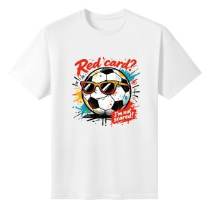 White unisex cotton short‑sleeve t‑shirt, front lively pop‑comic print celebrating the 2026 World Cup, featuring a calm cocky soccer‑ball character wearing stylish sunglasses, witty anti‑red‑card match‑day slogan, bright multi‑color splatter‑art details and bold red graffiti‑style lettering, upbeat football‑fan‑culture tee flat lay