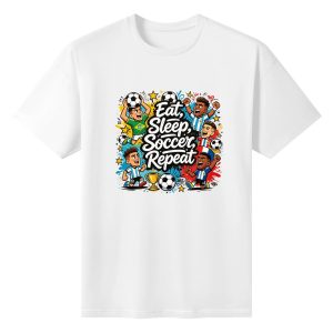 White unisex cotton short‑sleeve t‑shirt, front energetic pop‑graffiti print celebrating the 2026 World Cup, featuring four joyful cartoon soccer players in iconic South American national jerseys, championship trophy, bold “Eat, Sleep, Soccer, Repeat!” typography and bright multi‑color star‑splatter details, upbeat die‑hard football‑fan‑culture tee flat lay