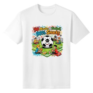 White unisex cotton short‑sleeve t‑shirt, front lively retro‑pop print featuring a happy soccer‑ball character, snack‑eating cartoon fans on a football field, funny fan‑culture slogan, bright multi‑color splatter‑graffiti details, lighthearted football‑fan‑culture tee flat lay
