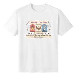 White unisex cotton short‑sleeve t‑shirt, front whimsical vintage patriotic print celebrating America’s 250th anniversary, featuring cartoon liberty bell, eagle and quill pen shaped as numerals “250”, scroll banner, founding‑year marking, classic American mottos, star‑firework decorative details, warm cute commemorative tee flat lay