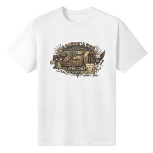 White unisex cotton short‑sleeve t‑shirt, front elaborate antique‑style patriotic print celebrating America’s 250th anniversary, featuring intricately detailed liberty bell, bald eagle and founding document scroll shaped as “250”, decorative sun‑star border accents, vintage typography for anniversary mottos, high‑detail heritage‑themed commemorative tee flat lay