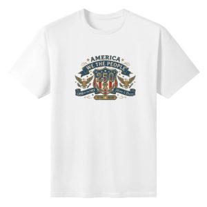 White unisex cotton short‑sleeve t‑shirt, front vintage heraldic patriotic print celebrating America’s 250th anniversary, featuring a red‑white‑blue shield with large “250” numerals, central liberty bell, symmetrical bald eagles, decorative ribbon banners, classic US mottos, founding‑year plaque and star‑scroll accents, distressed retro texture, timeless patriotic commemorative tee flat lay