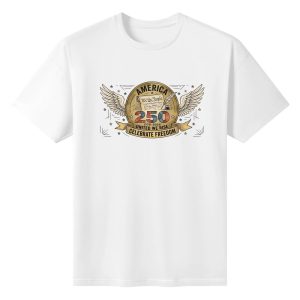 White unisex cotton short‑sleeve t‑shirt, front vintage medal‑style patriotic print celebrating America’s 250th anniversary, featuring golden circular seal, spread eagle wings, “We the People” scroll, star detailing, anniversary mottos and founding‑year mark, antique gold‑toned finish, sleek patriotic commemorative tee flat lay