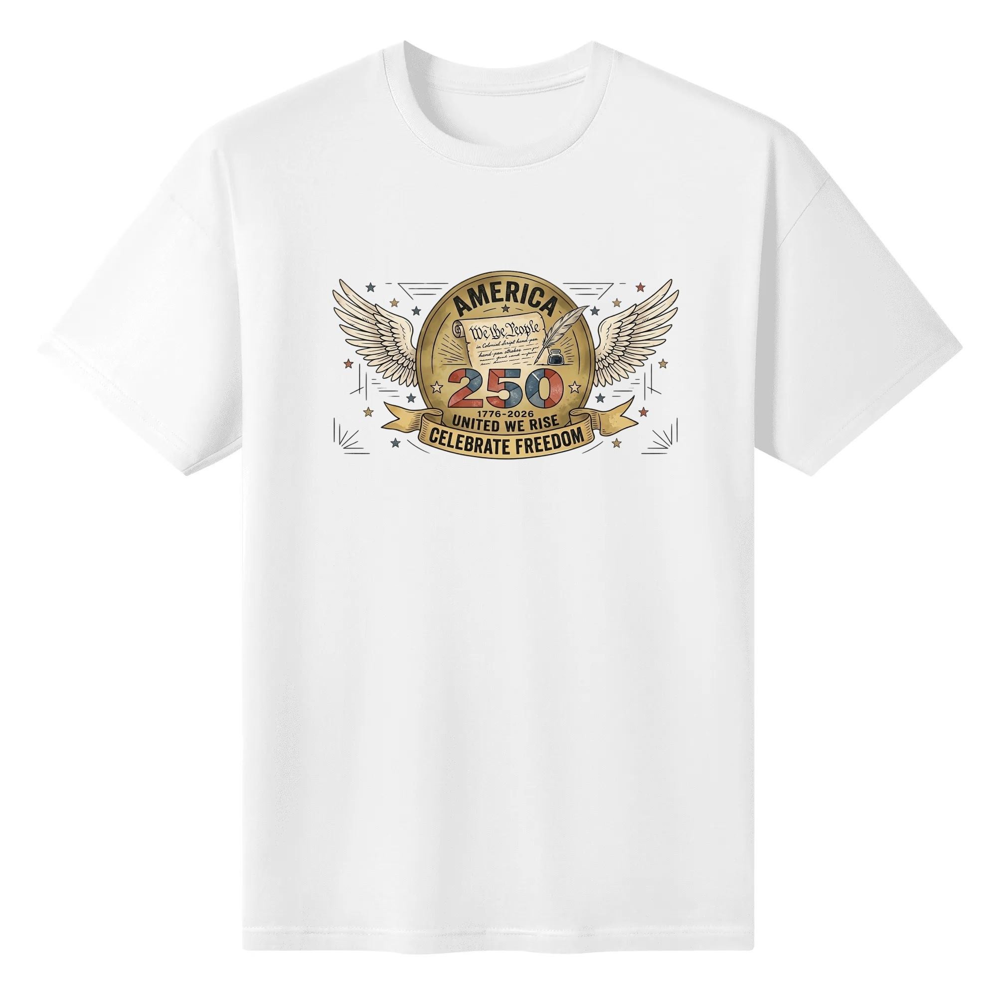White unisex cotton short‑sleeve t‑shirt, front vintage medal‑style patriotic print celebrating America’s 250th anniversary, featuring golden circular seal, spread eagle wings, “We the People” scroll, star detailing, anniversary mottos and founding‑year mark, antique gold‑toned finish, sleek patriotic commemorative tee flat lay