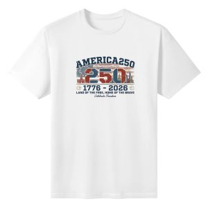 White unisex cotton short‑sleeve t‑shirt, front vintage distressed patriotic print celebrating America’s 250th anniversary, featuring flag‑infused “250” numerals, national skyline, fireworks, classic US mottos and founding‑year mark, worn retro texture, casual patriotic tee flat lay