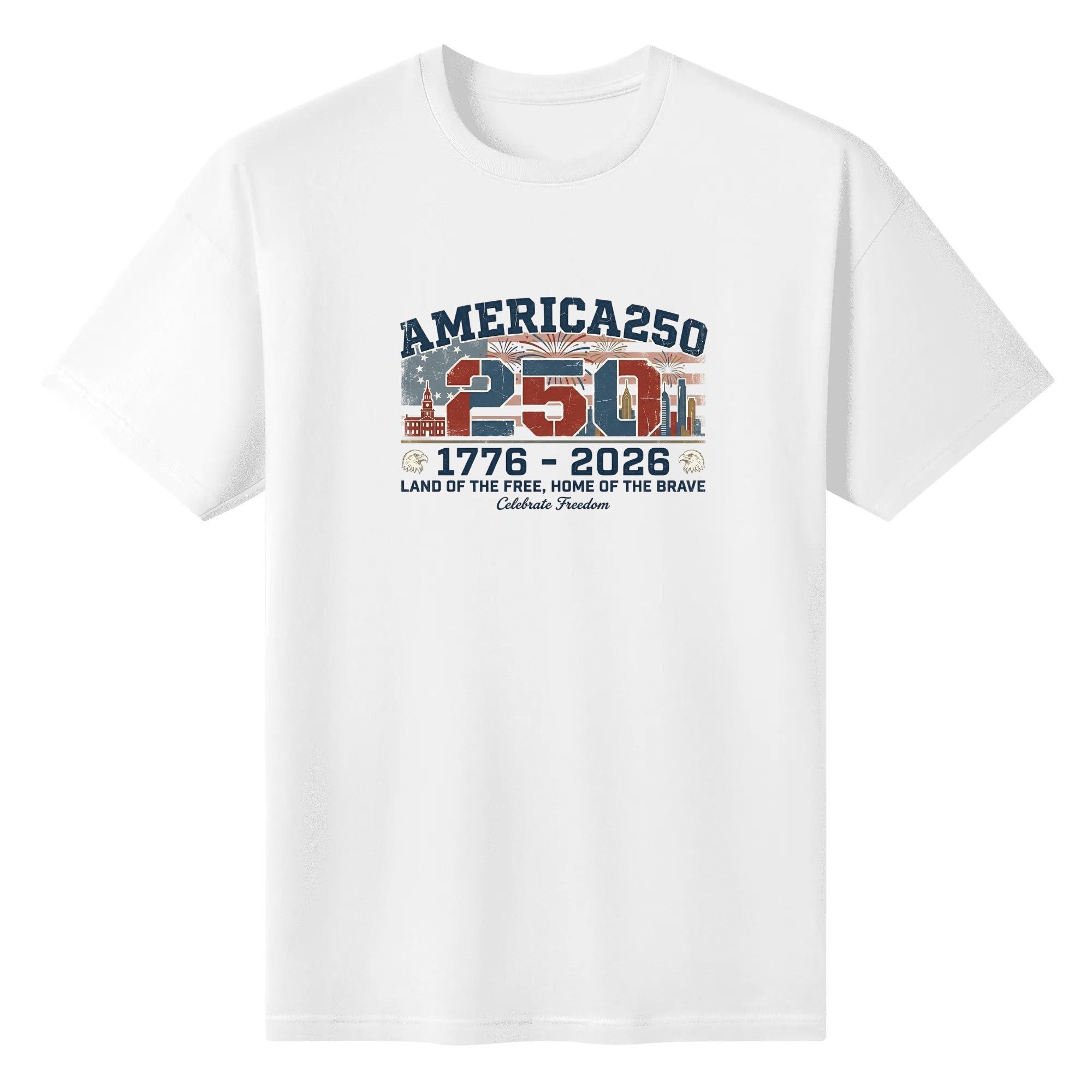White unisex cotton short‑sleeve t‑shirt, front vintage distressed patriotic print celebrating America’s 250th anniversary, featuring flag‑infused “250” numerals, national skyline, fireworks, classic US mottos and founding‑year mark, worn retro texture, casual patriotic tee flat lay