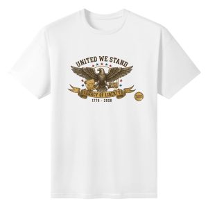 White unisex cotton short‑sleeve t‑shirt, front vintage golden‑tone patriotic print celebrating America’s 250th anniversary, featuring a large soaring bald eagle, founding document scroll, star details, unity‑themed slogans and founding‑year plaque, timeless antique finish, heritage‑focused patriotic tee flat lay