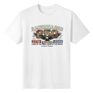 White unisex cotton short‑sleeve t‑shirt, front vintage distressed patriotic print celebrating America’s 250th anniversary, featuring color‑patched “250” typography, soaring bald eagle, liberty bell, founding scroll, classic US slogans and founding‑year marking, worn retro texture, heritage‑focused casual tee flat lay