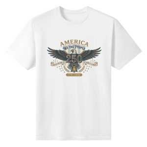 White unisex cotton short‑sleeve t‑shirt, front refined vintage patriotic print celebrating America’s 250th anniversary, featuring spread‑wing bald eagle, liberty bell, golden‑toned anniversary typography, star flourishes, classic US mottos and founding‑year plaque, clean symmetrical emblem‑style design, polished heritage‑themed tee flat lay