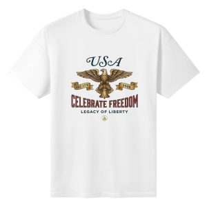 White unisex cotton short‑sleeve t‑shirt, front antique golden‑toned patriotic print celebrating USA’s 250‑year milestone, featuring majestic bald eagle, liberty bell, vintage ribbon date banners and liberty‑themed mottos, clean classic emblem‑style design, heritage casual tee flat lay