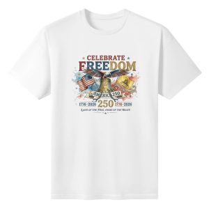 White unisex cotton short‑sleeve t‑shirt, front colorful watercolor patriotic print celebrating America’s 250th anniversary, featuring flying bald eagle, liberty bell, dual flags, splatter star accents, freedom‑themed typography and founding‑year marking, dynamic hand‑painted commemorative tee flat lay